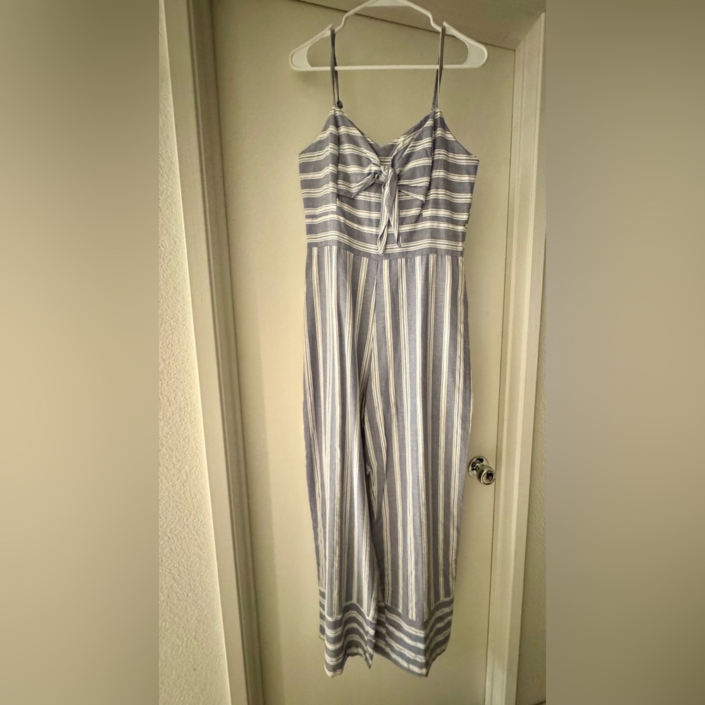 Francesca's Collections Grayish Blue and White Striped Jumpsuit